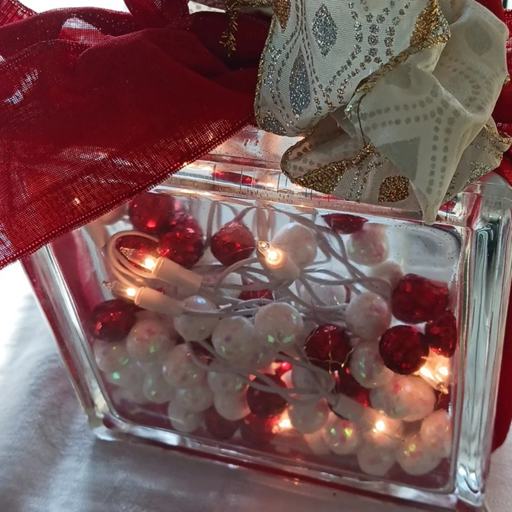 Festive Red and White Decorative Glass Square Block Display Piece